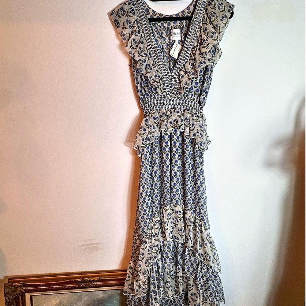 MISA Los Angeles blue maxi dress with ruffles and floral pattern